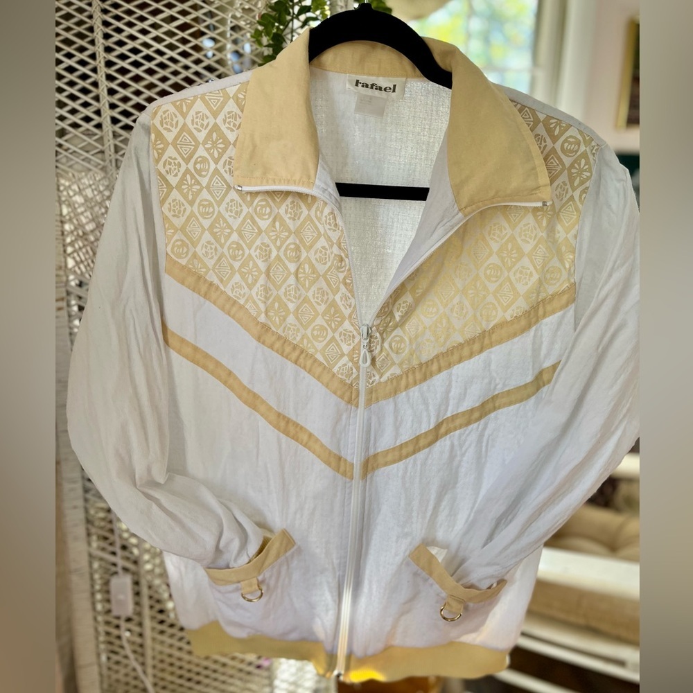 VINTAGE 90s Rafael Zippered Collared Yellow & White Medium Geometric Jacket